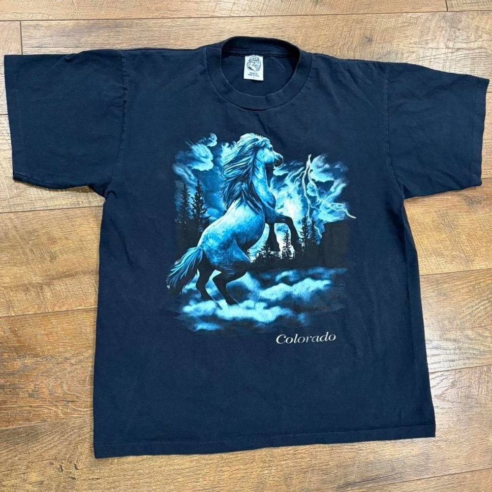 Vintage 90s Lightning Horse Colorado Graphic Tee Black Medium Navy Made In USA